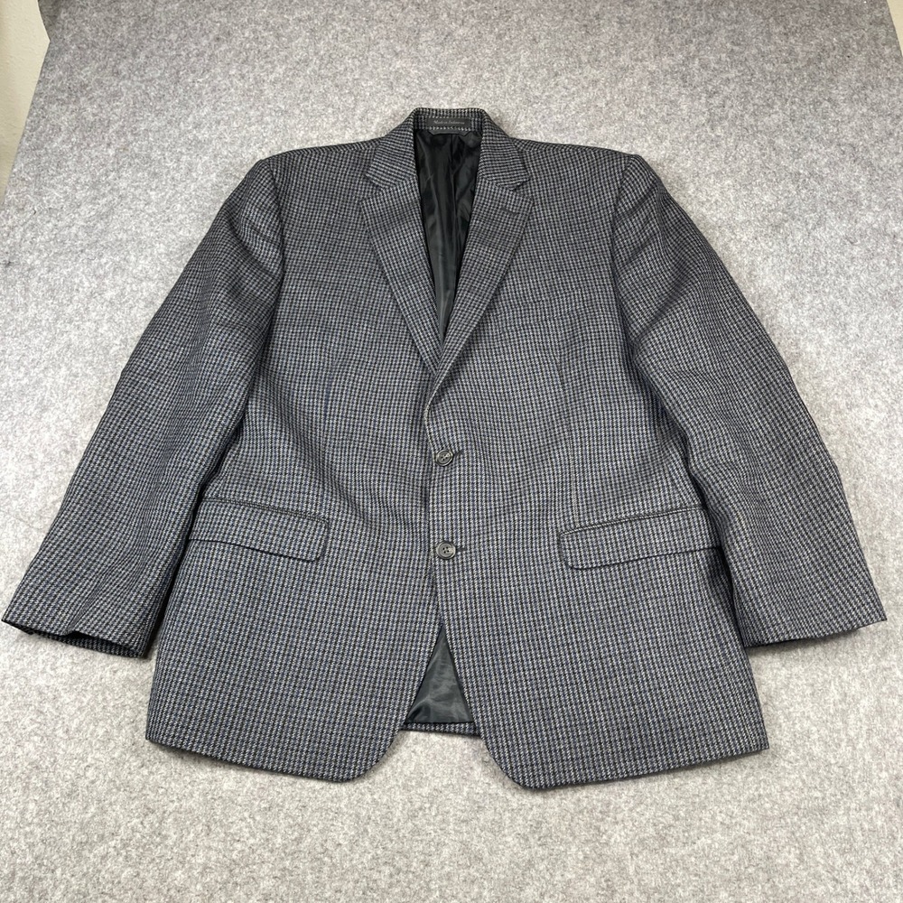 Chaps Wool Houndstooth Blazer Mens 44R Gray Blue Elbow Patches